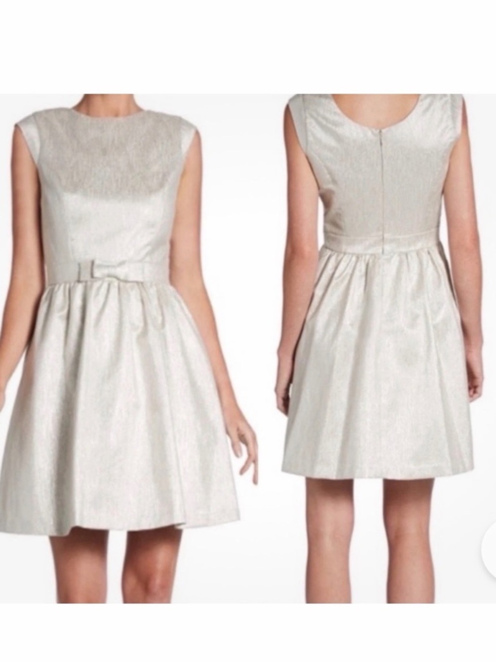 Cynthia Steffe Silver Metallic Fit & Flare Cocktail Dress Bow Waist Size 4 NWT